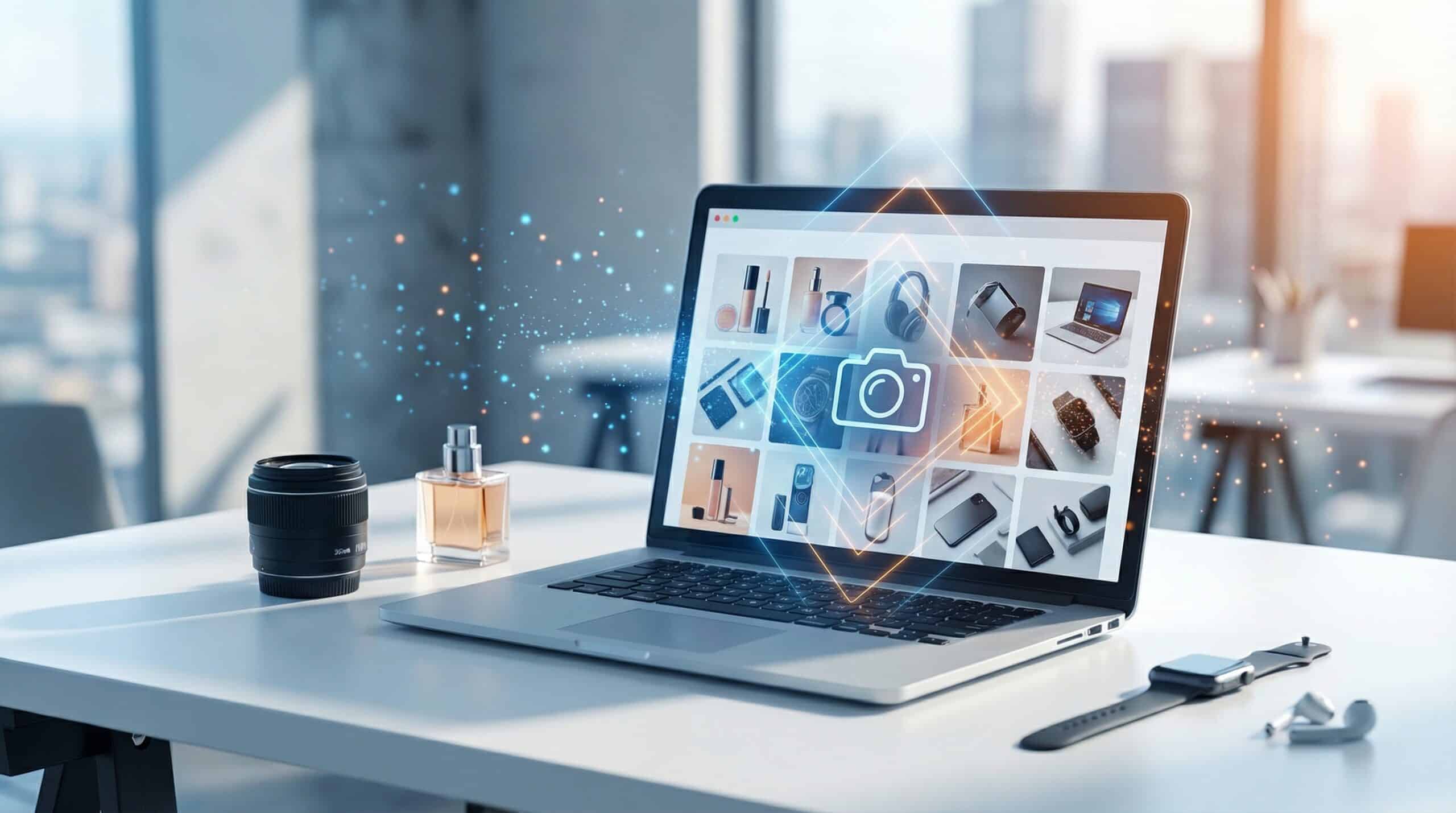 IA photo produit e-commerce : espace de travail avec produits et intelligence artificielle